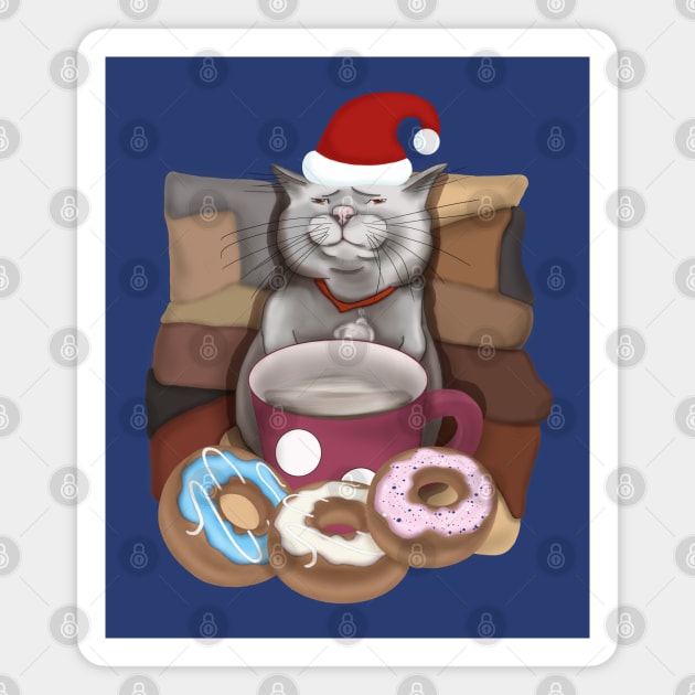 Santa cat. Funny cat with a mug of coffee and donuts. Magnet by KateQR